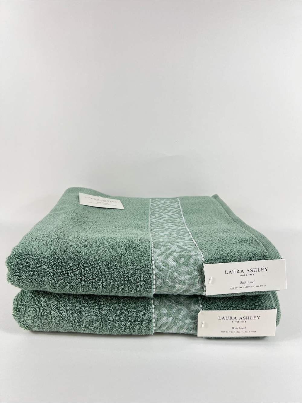 Laura Ashley Bath Towel Set MILLIE Sage Green Flower Trim 100% Cotton 2 Pc NEW